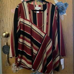 Alfred Dunner Women's Asymmetrical Striped Top - Red, Black, and Tan